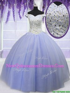 Tulle Off The Shoulder Short Sleeves Lace Up Beading Quinceanera Gown inLavender