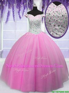 Glamorous Off The Shoulder Short Sleeves Tulle Sweet 16 Quinceanera Dress Beading Lace Up