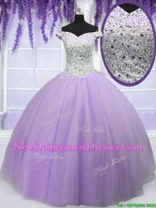 Attractive Off the Shoulder Lavender Short Sleeves Floor Length Beading Lace Up Quinceanera Gown