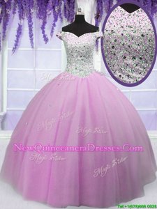 Super Off the Shoulder Lilac Tulle Lace Up Sweet 16 Quinceanera Dress Short Sleeves Floor Length Beading