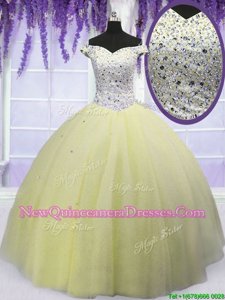 Admirable Off the Shoulder Beading Sweet 16 Dresses Light Yellow Lace Up Short Sleeves Floor Length