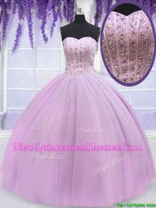 Fancy Tulle Sweetheart Sleeveless Lace Up Beading Sweet 16 Dress inLilac