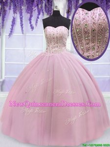 Affordable Sweetheart Sleeveless Lace Up Quinceanera Dress Baby Pink Tulle