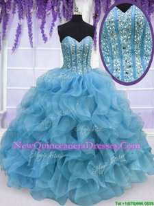 Aqua Blue Sleeveless Organza Lace Up Sweet 16 Dresses for Military Ball and Sweet 16 and Quinceanera