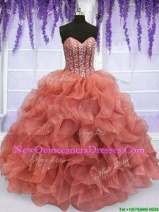 Flare Watermelon Red Sleeveless Floor Length Beading and Ruffles Lace Up Quinceanera Dresses