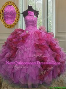 Traditional Multi-color Lace Up Strapless Ruffles and Sequins Quinceanera Dress Organza Sleeveless