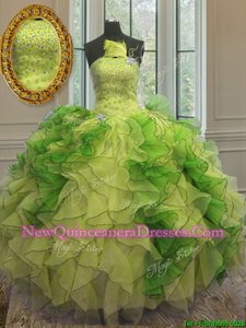 Customized Multi-color Ball Gowns Strapless Sleeveless Organza Floor Length Lace Up Beading and Ruffles Sweet 16 Dresses