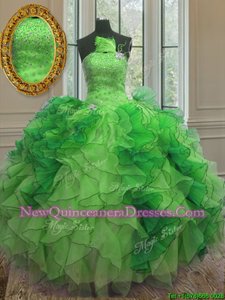 Extravagant Green Ball Gowns Strapless Sleeveless Organza Floor Length Lace Up Beading and Ruffles 15 Quinceanera Dress