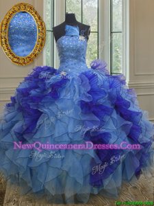 Unique Multi-color Ball Gowns Beading and Ruffles Quinceanera Dress Lace Up Organza Sleeveless Floor Length