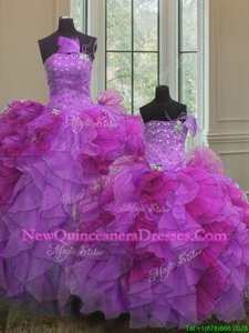 Custom Fit Sleeveless Floor Length Beading and Ruffles Lace Up Quinceanera Gown with Multi-color