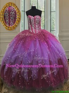 Customized Sequins Sweetheart Sleeveless Lace Up Quinceanera Dress Multi-color Tulle