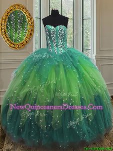 Most Popular Multi-color Ball Gowns Sweetheart Sleeveless Tulle Floor Length Lace Up Beading and Ruffles and Sequins Quince Ball Gowns