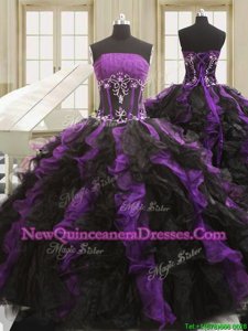 Wonderful Strapless Sleeveless Vestidos de Quinceanera Floor Length Beading and Ruffles Black And Purple Organza