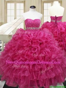 Charming Hot Pink Sleeveless Floor Length Beading and Ruffles Lace Up Quince Ball Gowns