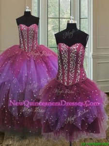 Dynamic Three Piece Floor Length Lace Up Sweet 16 Quinceanera Dress Multi-color and In for Military Ball and Sweet 16 and Quinceanera withBeading and Ruffles and Sequins