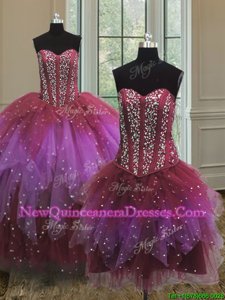 Glamorous Three Piece Multi-color Tulle Lace Up Sweetheart Sleeveless Floor Length Quinceanera Dress Beading