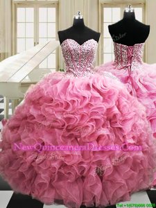 Rose Pink Ball Gowns Beading and Ruffles Vestidos de Quinceanera Lace Up Organza Sleeveless Floor Length