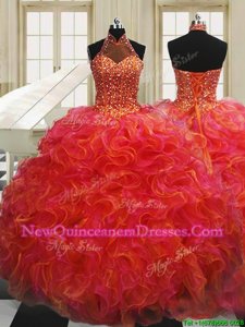 Delicate Halter Top Floor Length Multi-color Sweet 16 Dresses Organza Sleeveless Spring and Summer and Fall and Winter Beading and Ruffles