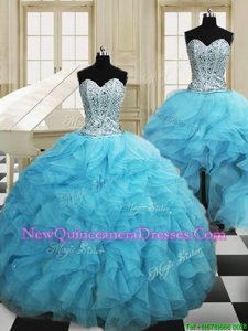 Fantastic Three Piece Baby Blue Organza Lace Up 15 Quinceanera Dress Sleeveless Floor Length Beading and Ruffles