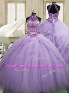 Nice Lavender Ball Gown Prom Dress Military Ball and Sweet 16 and Quinceanera and For withBeading and Embroidery Halter Top Sleeveless Sweep Train Lace Up