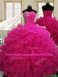 Stunning Hot Pink Zipper Sweetheart Beading Quinceanera Gown Organza Sleeveless