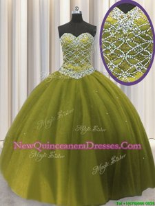 Modern Olive Green Ball Gowns Sweetheart Sleeveless Tulle Floor Length Lace Up Beading Quinceanera Dress