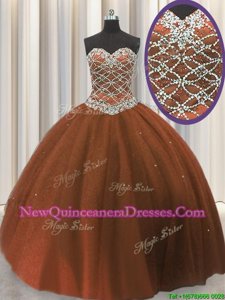 Chic Tulle Sweetheart Sleeveless Lace Up Beading and Sequins Vestidos de Quinceanera inBrown