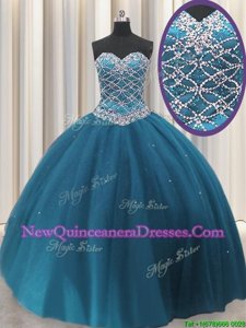 Sweetheart Sleeveless Quinceanera Gowns Floor Length Beading and Sequins Teal Tulle