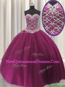 Adorable Sequins Sweetheart Sleeveless Lace Up 15th Birthday Dress Fuchsia Tulle