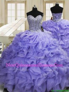 Ideal Beading and Ruffles Quinceanera Gowns Lavender Lace Up Sleeveless Sweep Train