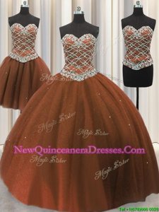 Custom Design Three Piece Brown Sweetheart Neckline Beading and Sequins Quinceanera Dresses Sleeveless Lace Up