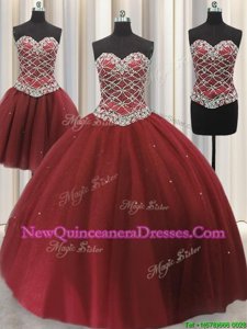 Deluxe Three Piece Sequins Floor Length Ball Gowns Sleeveless Burgundy 15th Birthday Dress Lace Up