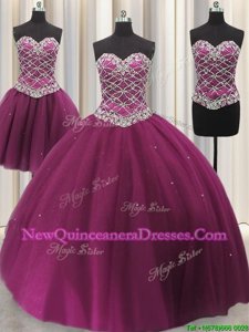 Glittering Three Piece Tulle Sweetheart Sleeveless Lace Up Beading and Sequins Quinceanera Gown inFuchsia