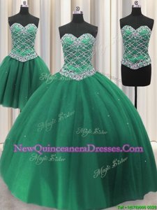 Hot Sale Three Piece Floor Length Lace Up Quinceanera Gowns Green and In for Military Ball and Sweet 16 and Quinceanera withBeading and Ruffles