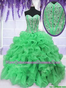 Dramatic Sweetheart Sleeveless Quinceanera Dress Floor Length Beading and Ruffles Green Organza