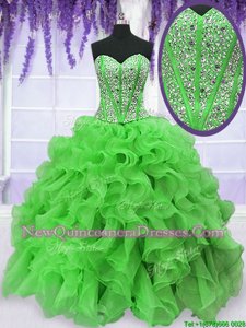 On Sale Spring Green Sleeveless Floor Length Beading and Ruffles Lace Up Sweet 16 Quinceanera Dress