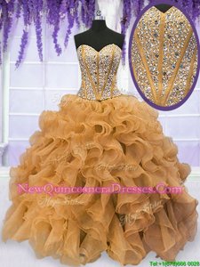 Excellent Gold Organza Lace Up 15 Quinceanera Dress Sleeveless Floor Length Beading and Ruffles