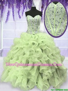 Sophisticated Organza Sweetheart Sleeveless Lace Up Beading and Ruffles Quinceanera Gowns inYellow Green