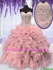 Noble Floor Length Pink Sweet 16 Dress Organza Sleeveless Spring and Summer and Fall and Winter Beading and Ruffles