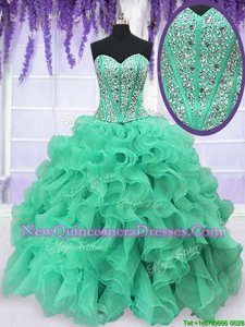 Extravagant Turquoise Lace Up Sweet 16 Dresses Beading and Ruffles Sleeveless Floor Length