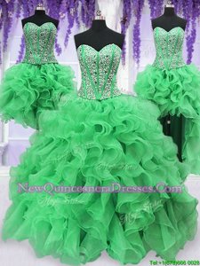 Fashionable Four Piece Green Organza Lace Up Sweetheart Sleeveless Floor Length Quinceanera Dresses Beading and Ruffles