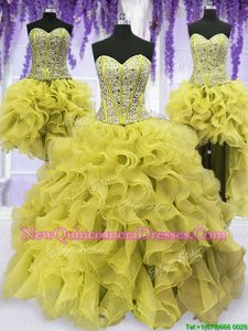 Sexy Four Piece Sleeveless Floor Length Beading and Ruffles Lace Up Quinceanera Dress with Light Yellow