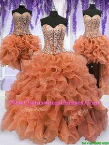 Attractive Four Piece Orange Sweet 16 Quinceanera Dress Military Ball and Sweet 16 and Quinceanera and For withBeading and Ruffles Sweetheart Sleeveless Lace Up