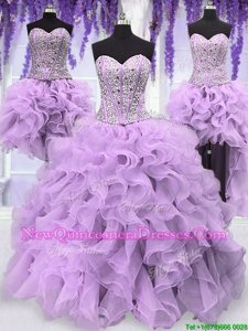 Most Popular Four Piece Sequins Floor Length Ball Gowns Sleeveless Lavender Quinceanera Dresses Lace Up