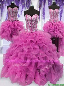 Custom Fit Four Piece Sleeveless Organza Floor Length Lace Up Quinceanera Dresses inLilac withRuffles and Sequins