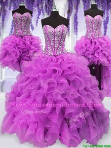 Low Price Four Piece Floor Length Fuchsia 15 Quinceanera Dress Organza Sleeveless Spring and Summer and Fall and Winter Ruffles and Sequins