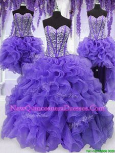 Free and Easy Four Piece Lavender Sweetheart Neckline Embroidery and Ruffles and Ruffled Layers and Sashes|ribbons Quinceanera Dress Sleeveless Lace Up