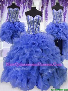 Beauteous Four Piece Organza Sweetheart Sleeveless Lace Up Ruffles and Sequins Quinceanera Gown inRoyal Blue