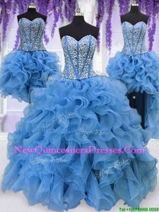 Exquisite Four Piece Sequins Ball Gowns Quinceanera Gowns Blue Sweetheart Organza Sleeveless Floor Length Lace Up