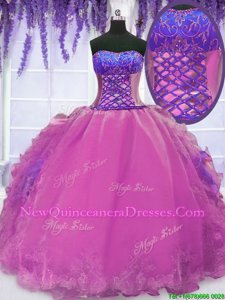 Romantic Lilac Sleeveless Floor Length Embroidery and Ruffles Lace Up 15th Birthday Dress